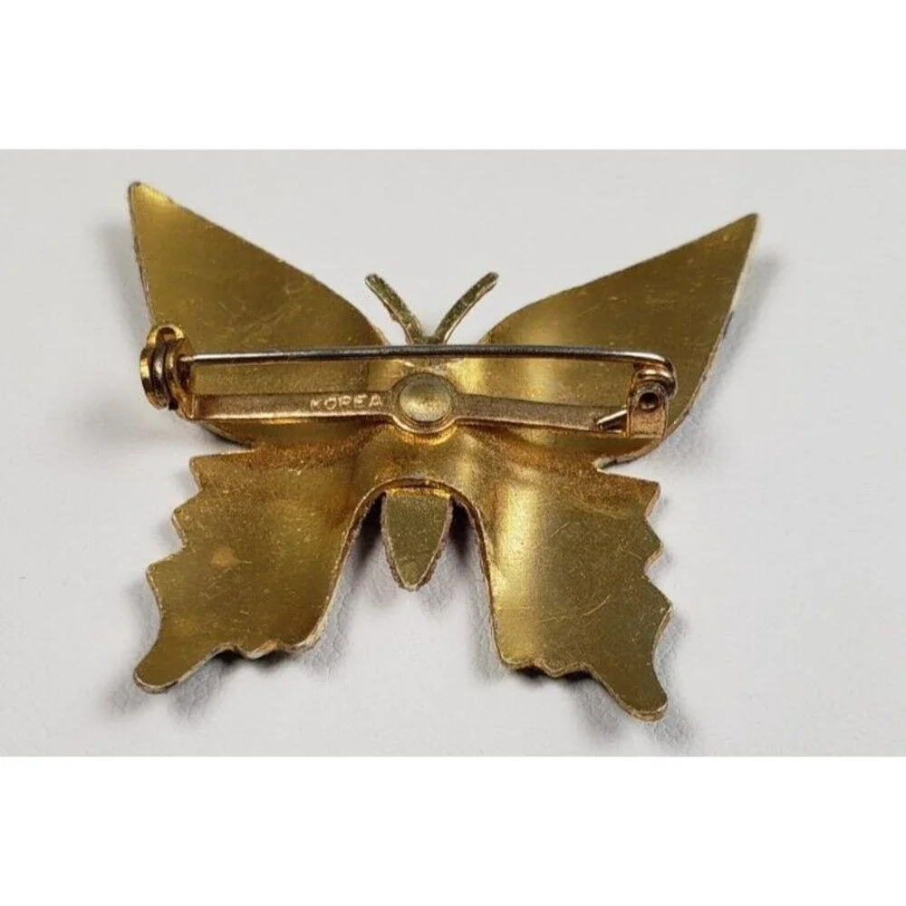 Vintage Korea Painted Flocked Stamped Metal Small  Butterfly Brooch - Picture 4 of 7